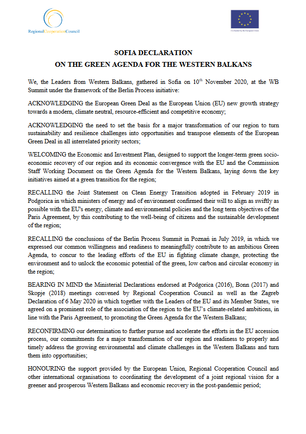 Sofia Declaration on the Green Agenda for the Western Balkans, EN language